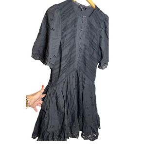 Madewell Eyelet Dress Black Short Sleeve Button Front Fit Flare Casual